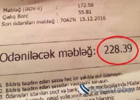 Bakıda sakinləri şok-a salan qəbz: 220 manatlıq kommunal haqqı